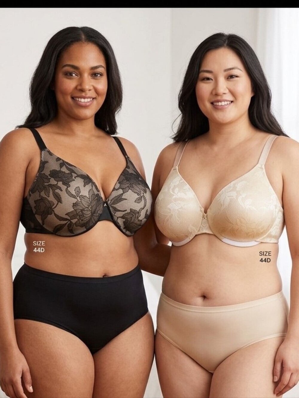 Two Cacique Bra Size 44D Modern Lace Covered Lined Black Cream